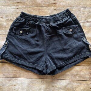 Womens Black Denim Utility Sz M Shorts Elastic High Waist Cargo Pocket RolledHem